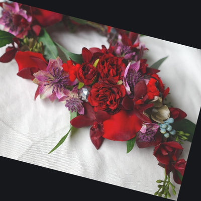ブーケ　ウェディング　結婚式　花　フラワー　フラワーアイテム　HanaSakie　花束　赤　ミニバラ　ミニラン　ユーカリ　ビーズ