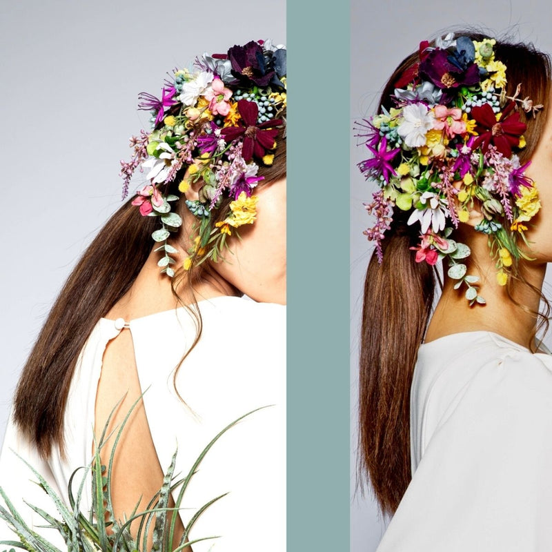 ブーケ　ウェディング　結婚式　花　フラワー　フラワーアイテム　HanaSakie　　髪飾り　ヘッドリース　ミモザ　チョコレートコスモス