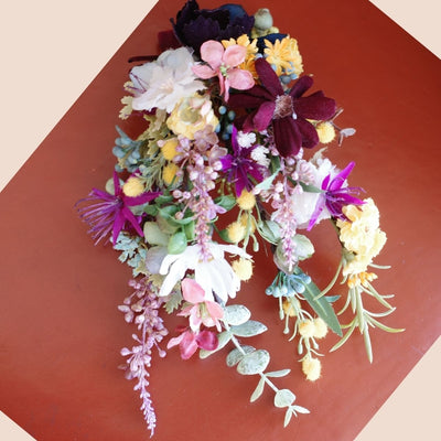 ブーケ　ウェディング　結婚式　花　フラワー　フラワーアイテム　HanaSakie　　髪飾り　ヘッドリース　ミモザ　チョコレートコスモス